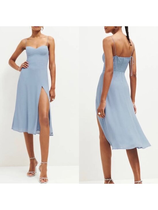 Reformation Dresses & Skirts - Reformation Juliette Dress Mineral Blue Sz 8 Spaghetti Strap Ties Midi Side Slit